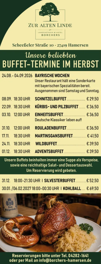 Poster des Restaurants Zur Alten Linde mit Herbstbuffet-Terminen, Preisen und einem Foto von Braten mit Brezel unten.
