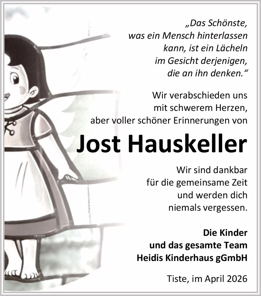 Memorial card with a grayscale illustration of a child on the left and a German condolence message for Jost Hauskeller on the right.