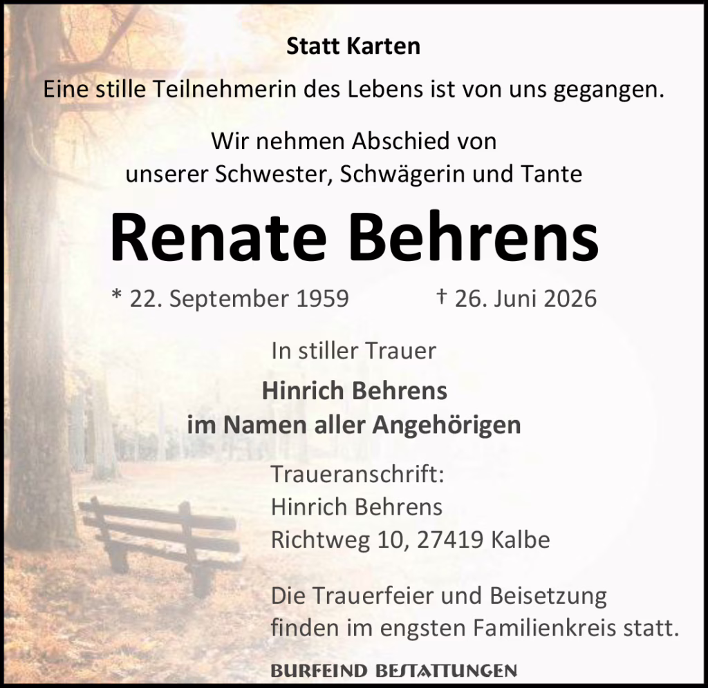 Obituary card for Renate Behrens with birth and death dates and mourning message in German.