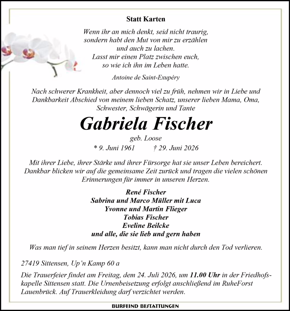 Memorial card in German with an orchid illustration on the left and bordered page, listing obituary text for Gabriele Fischer, birth and death dates, and names of relatives in the center.