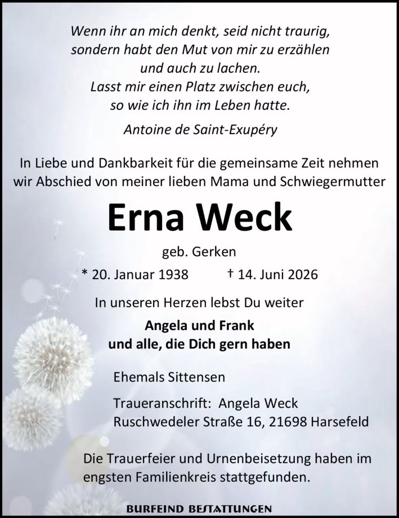 Obituary poster for Erna Weck with birth and death dates and family message on a floral background (German)
