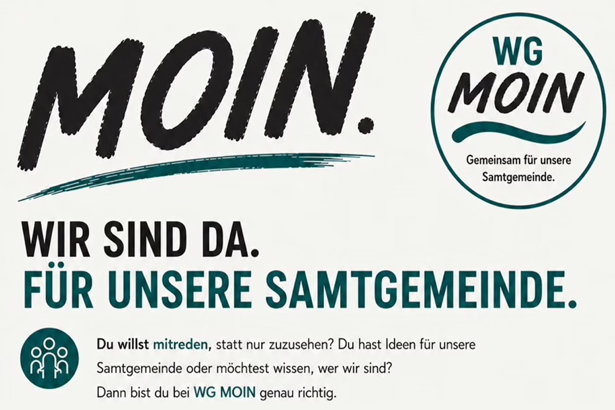 WG MOIN banner featuring headline 'WIR SIND DA. FÜR UNSERE SAMTGEMEINDE.' with circular WG MOIN logo and a small group icon on the left.