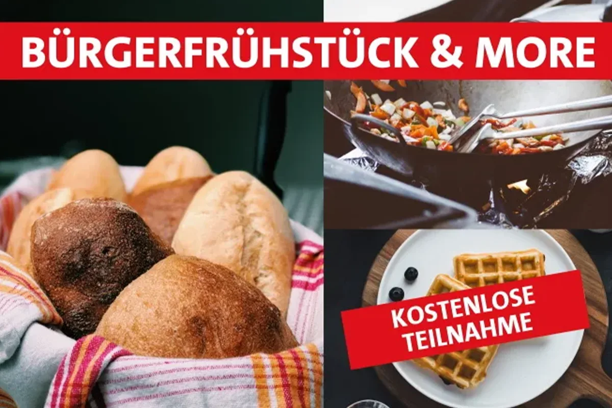 Collage advertising a breakfast event: bread loaves, a skillet of cooking food, and waffles with red banners.