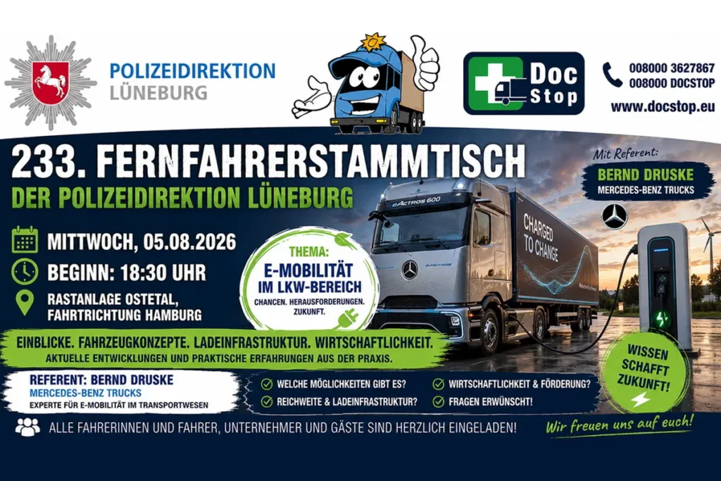 Banner für den 233. Fernfahrer-Stammtisch der Polizeidirektion Lüneburg mit LKW-Karosserie und Eventdaten (Ort, Datum, Uhrzeit).