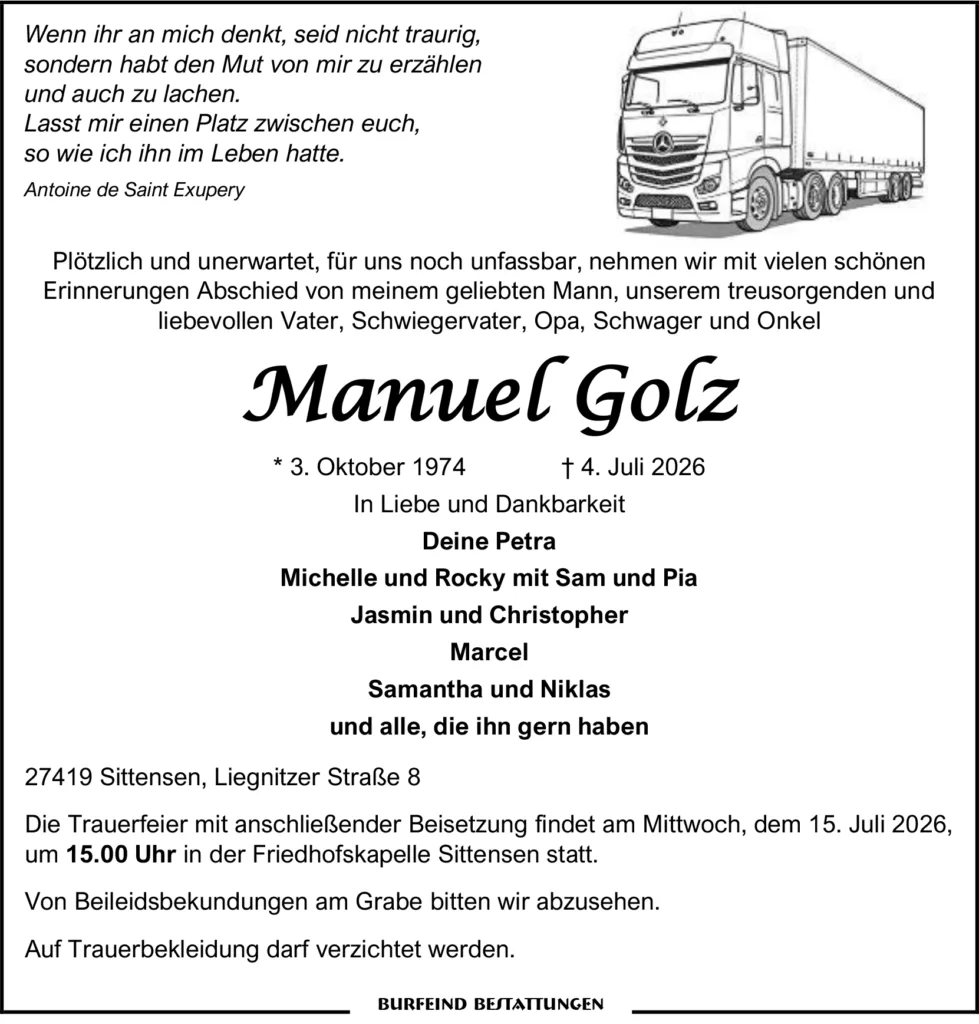 Traueranzeige für Manuel Golz mit Truck-Skizze; geboren 3. Oktober 1974, gestorben 4. Juli 2026, Familienliste und Trauerhinweise
