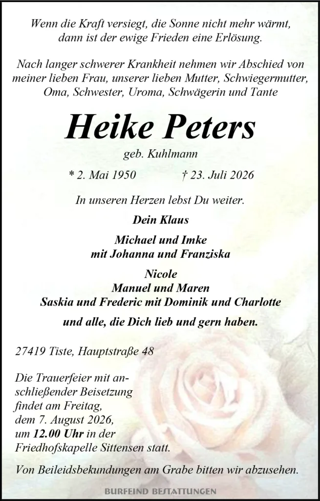 Funeral notice for Heike Peters: birth 2 May 1950, death 23 July 2026, with family names and service details in German.
