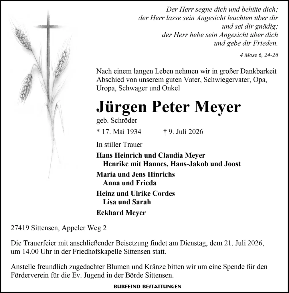 Traueranzeige für Jürgen Peter Meyer, geboren 17. Mai 1934, gestorben 9. Juli 2026, mit Kreuz- und Weizenkünstlerbild links und Namen mittig