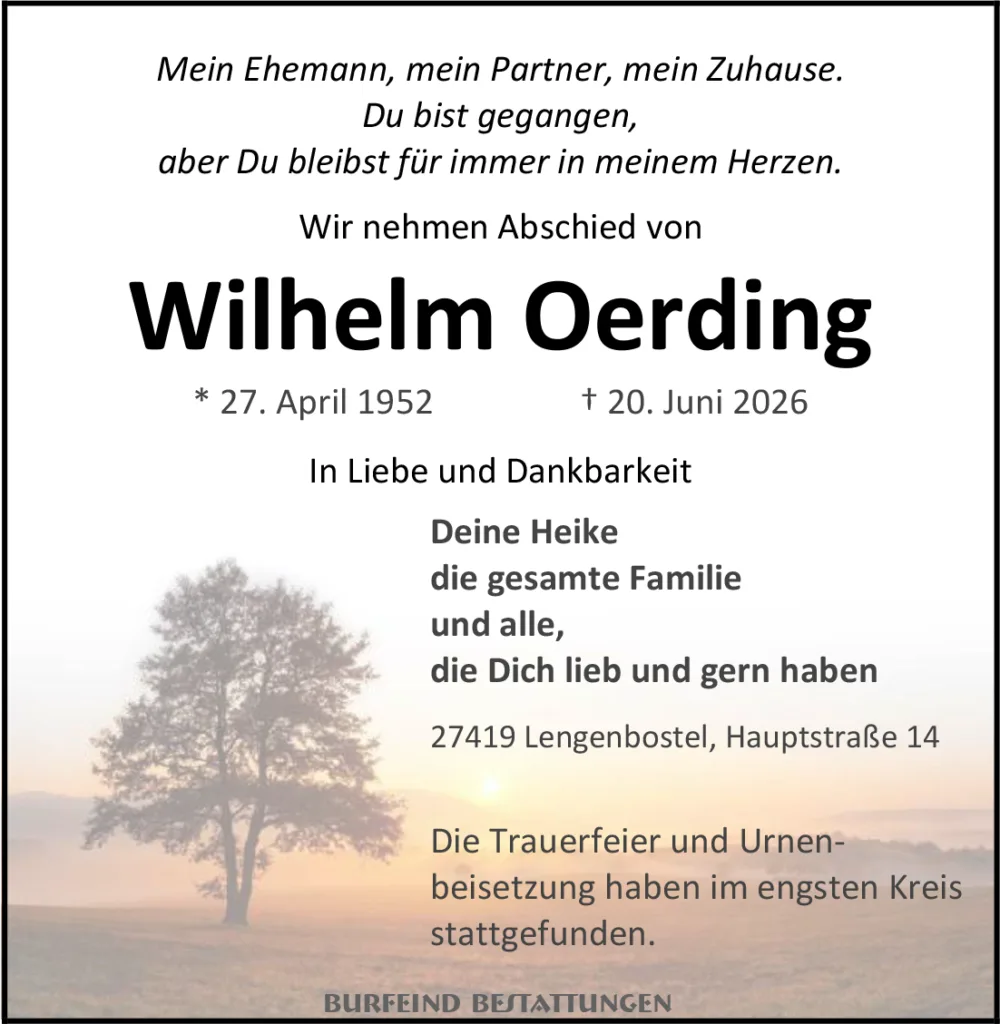 Obituary notice for Wilhelm Oerding: born 27 April 1952, died 20 June 2026; message from Heike and family; includes address and funeral details; sunset with tree background