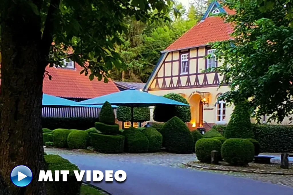 Timber-framed house with red roof, manicured hedges, and blue patio umbrellas in a garden setting. Note: concise, informative thumbnail description for a video image.