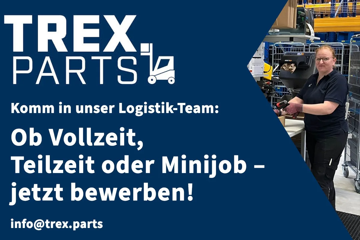 TREX Parts recruitment banner: blue background with a worker at a packing station on the right, large German text inviting full-time, part-time, or mini‑job applications; contact info info@trex.parts.