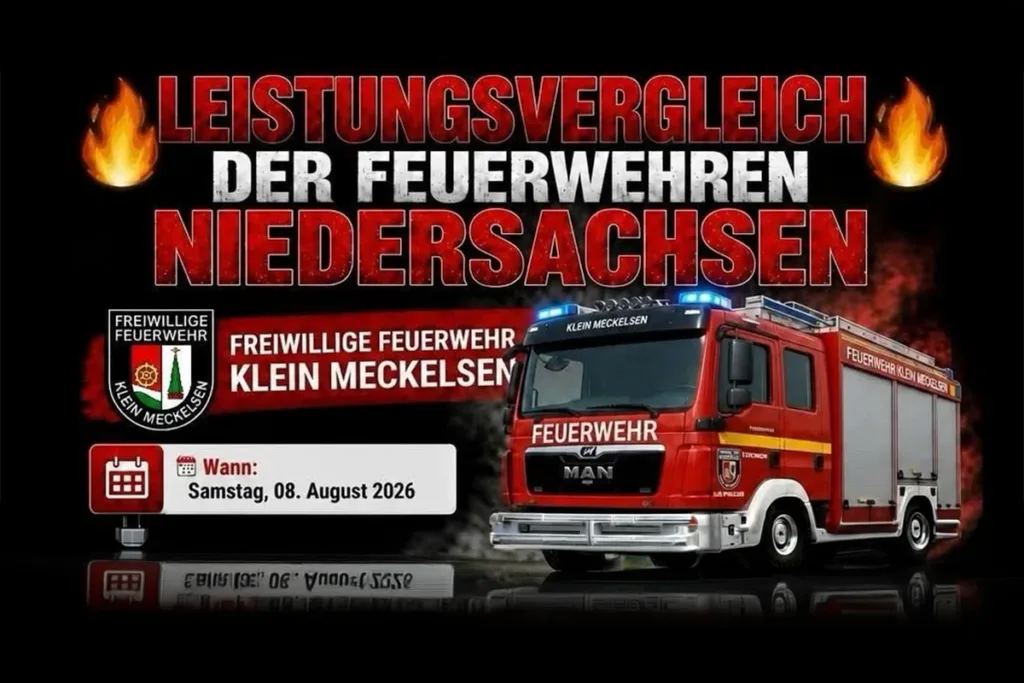 Poster for Niedersachsen fire brigades with a red fire engine, bold German title, and flames in the background; date Samstag, 08. August 2026.