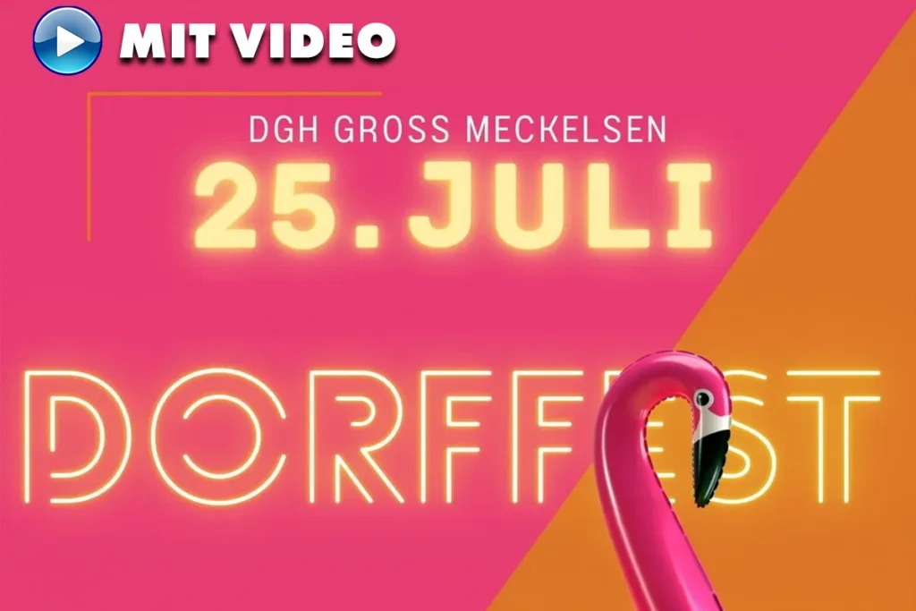 Promotional poster for Dorffest with neon letters, pink background, flamingo graphic, and date 25. Juli (DGH Gross Meckelsen).