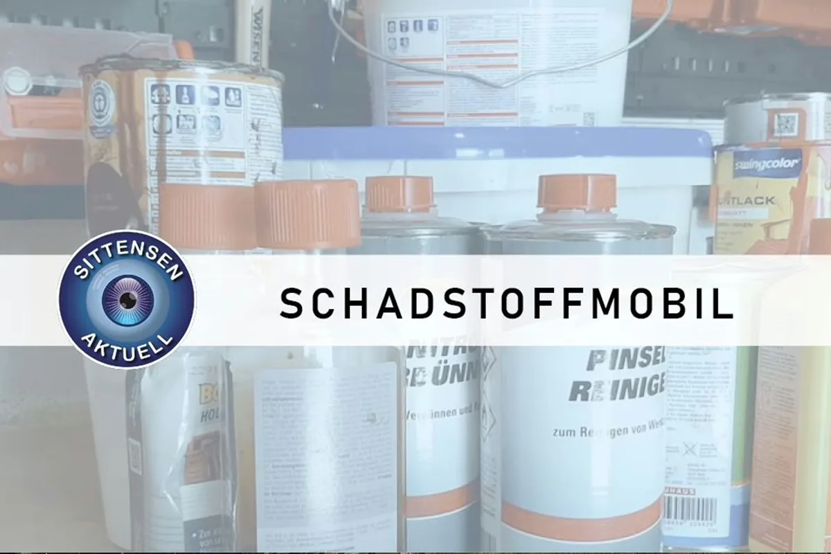 News banner showing 'SCHADSTOFFMOBIL' with a round Sittensen Aktuell logo, over chemical bottles on a shelf in the background.