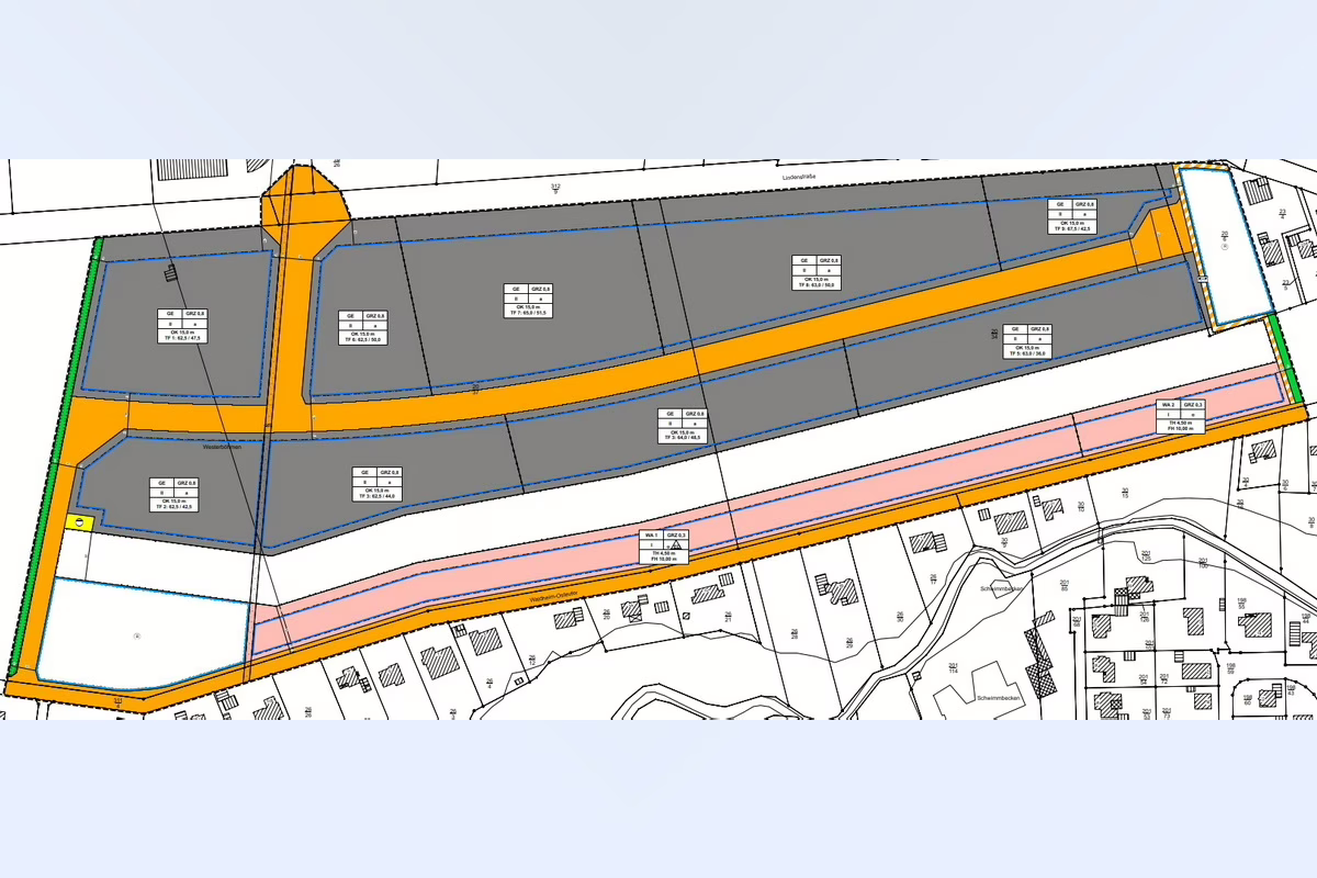 Site plan showing orange access roads, gray parcels, and pink water channel boundaries on a development layout.
