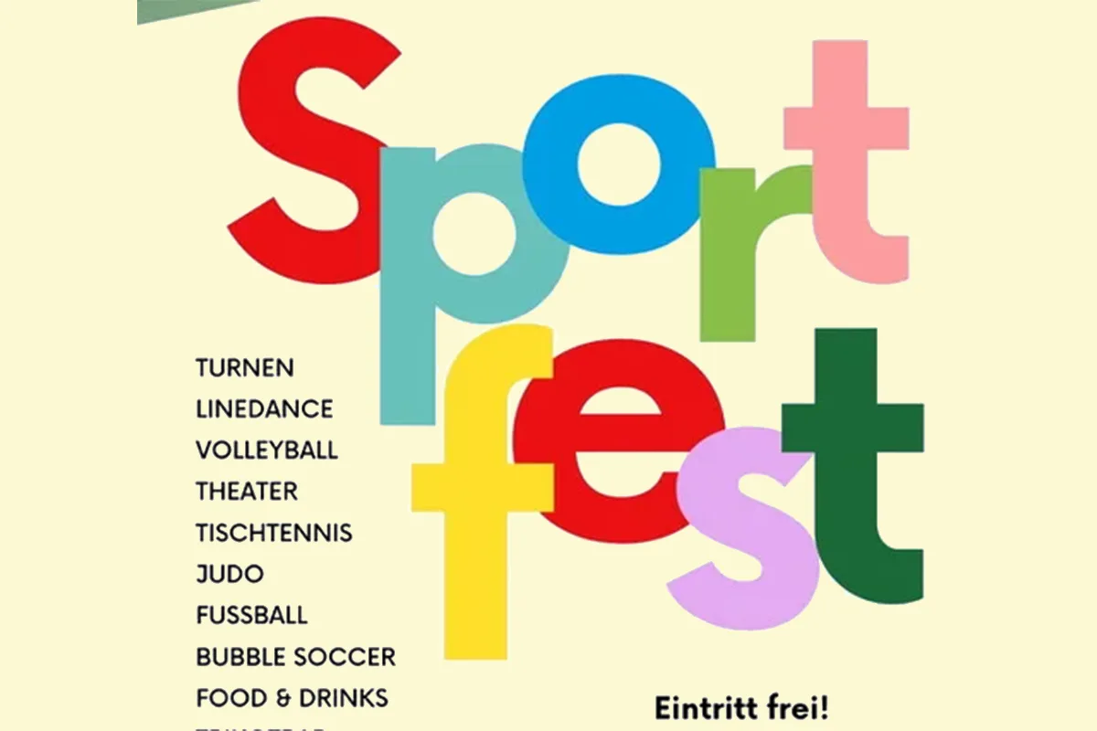 Bright poster advertising a sport festival with large multicolored letters spelling 'Sportfest' and a list of activities in German, plus 'Eintritt frei!'
