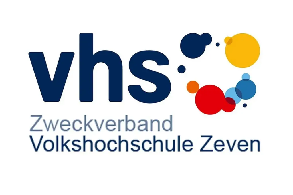 VHS Zeven logo with dark blue letters and multicolored bubbles, representing the Volkshochschule Zeven.