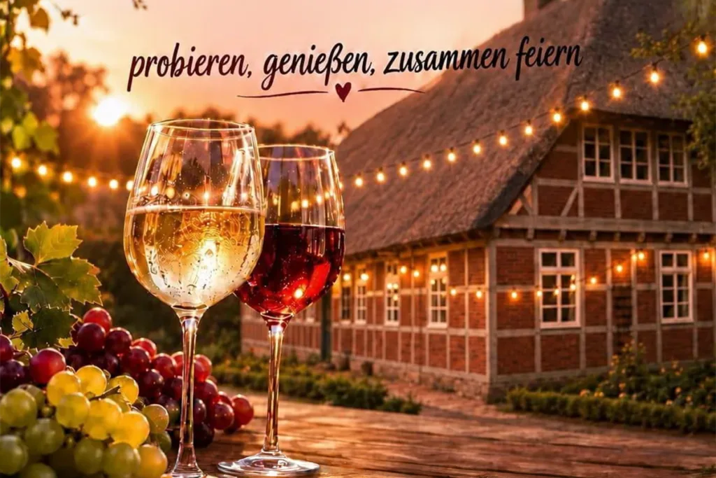 Two wine glasses (white and red) on a wooden table with grapes, a cozy venue with string lights in the background at sunset.