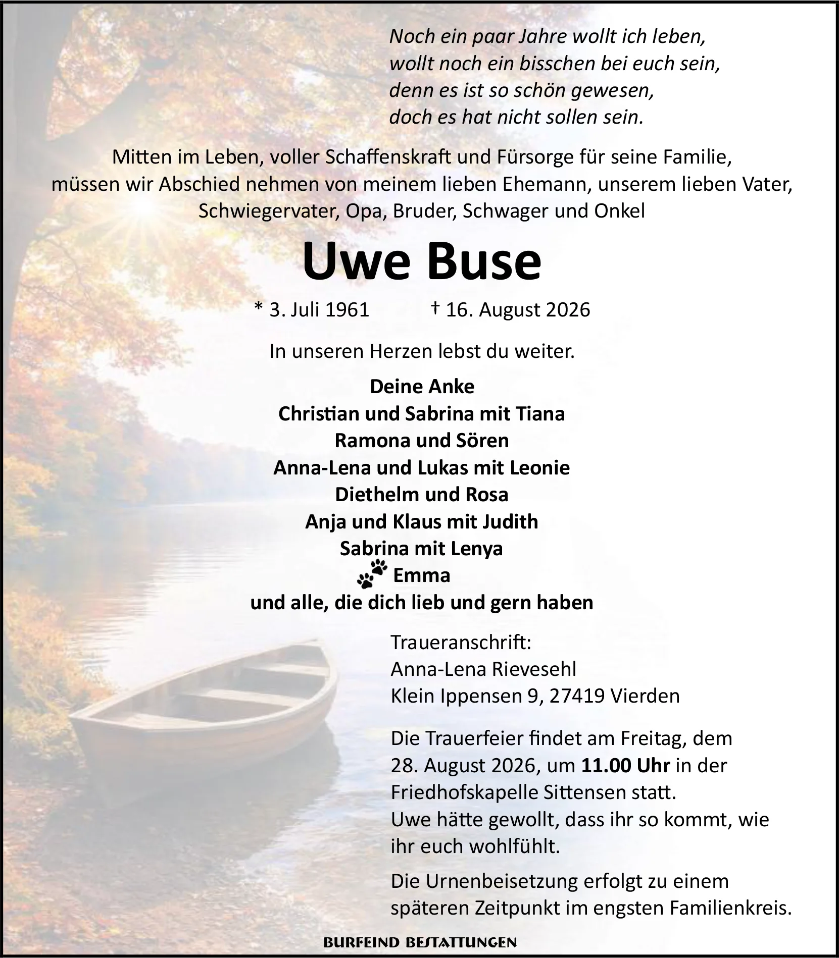 German funeral memorial poster with obituary text for Uwe Buse, listing family and dates, and message 'In unseren Herzen lebst du weiter.'