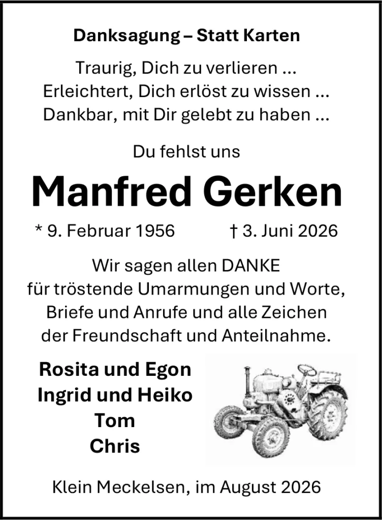 Memorial notice for Manfred Gerken with birth and death dates and family names, plus a tractor illustration.