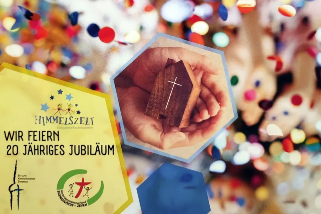 Flyer announcing Himmelszelt's 20th anniversary, with hands holding a wooden cross inside a hexagon and a colorful confetti backdrop.
