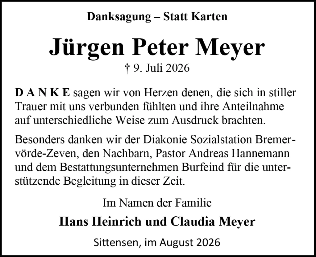 Gedenk- und Dankeskarte für Jürgen Peter Meyer: Dank an die Anteilnahme, Familie Meyer, Sittensen, August 2026.