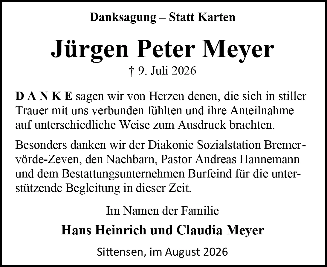 Gedenk- und Dankeskarte für Jürgen Peter Meyer: Dank an die Anteilnahme, Familie Meyer, Sittensen, August 2026.