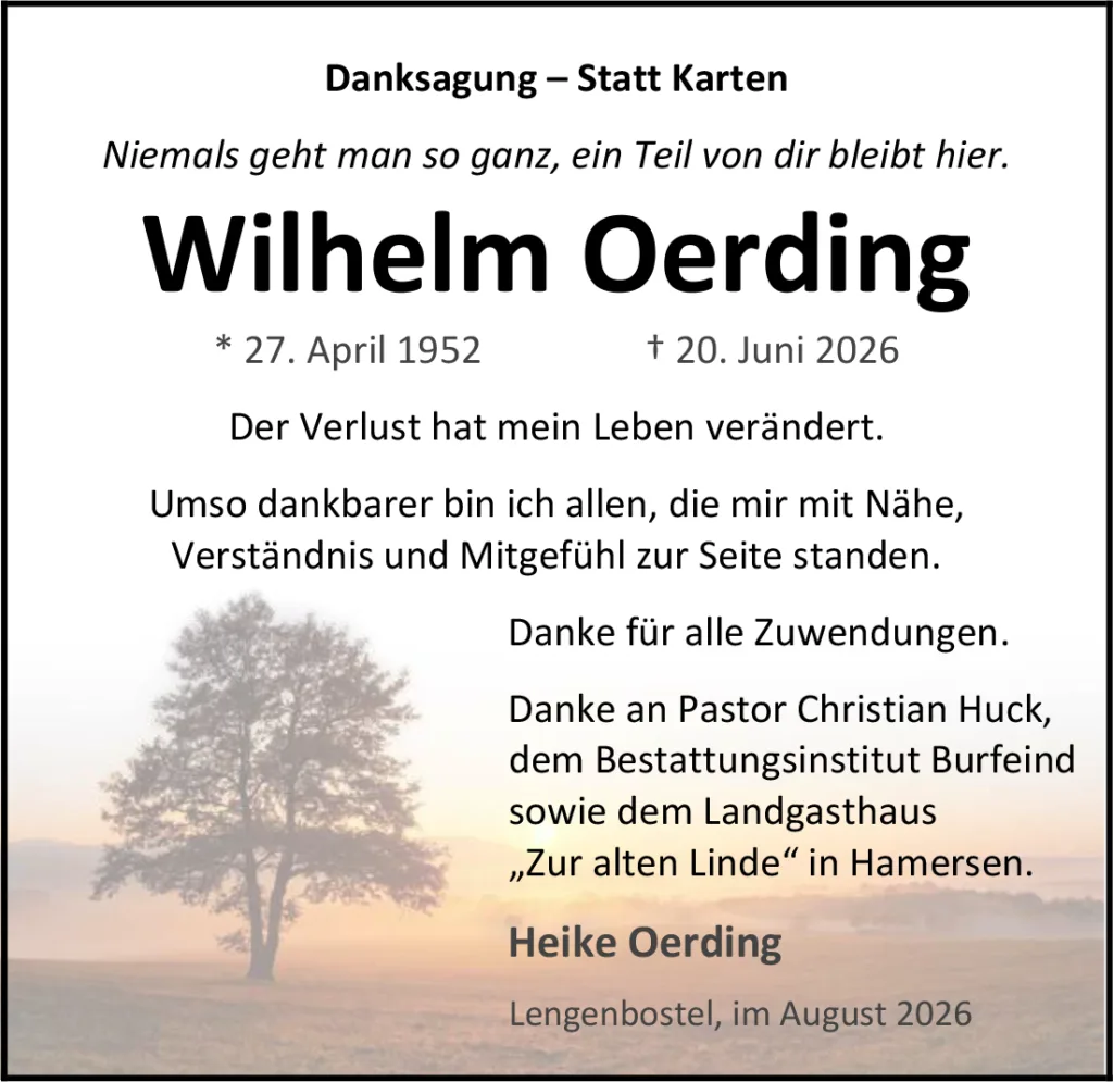 Memorial card for Wilhelm Oerding; birth 27 Apr 1952, death 20 Jun 2026; text of thanks and remembrance, with a background image of a lone tree at sunrise.