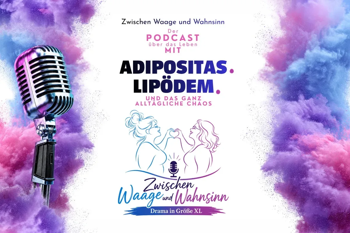 Poster for a podcast: 'Der Podcast über das Leben mit Adipositas Lipödem' mit colorful Hintergrund und Mikrofon, plus 'Zwischen Waage und Wahnsinn'