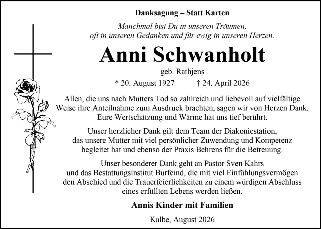 Gedenk- und Dankeskarte: links eine Rosenzeichnung neben einer vertikalen Linie, mittig der Name Anni Schwanholt mit Lebensdaten und umfangreichem Dankestext.