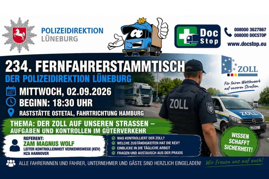 Veranstaltungsplakat der Polizeidirektion Lüneburg: 234. Fernfahrer-Stammtisch am 02.09.2026, 18:30 Uhr, Raststätte Ostetal, Fahrtrichtung Hamburg; Thema: Der Zoll auf unseren Straßen – Aufgaben und Kontrollen im Güterverkehr.