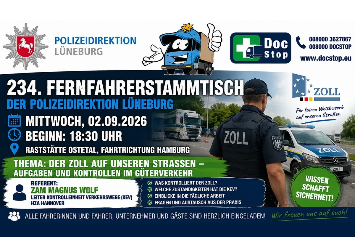Veranstaltungsplakat der Polizeidirektion Lüneburg: 234. Fernfahrer-Stammtisch am 02.09.2026, 18:30 Uhr, Raststätte Ostetal, Fahrtrichtung Hamburg; Thema: Der Zoll auf unseren Straßen – Aufgaben und Kontrollen im Güterverkehr.