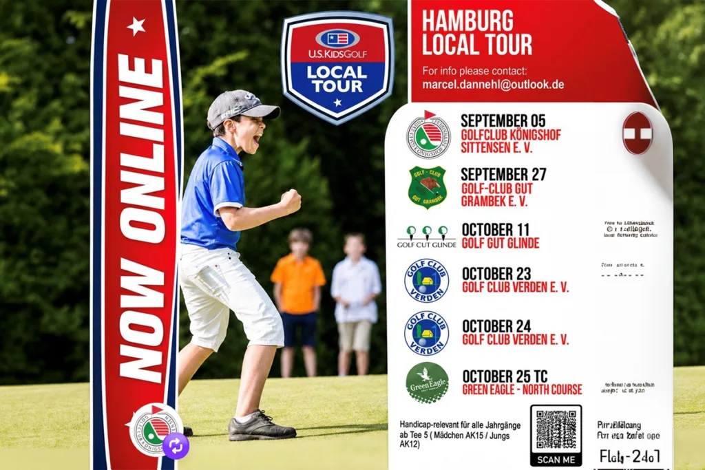 Promotional poster for a Hamburg local golf tour, featuring a young golfer celebrating on a green with event dates and logos on the right side