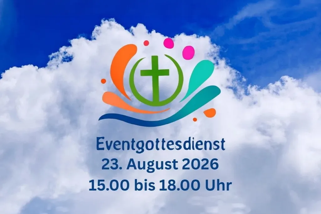 Eventgottesdienst: 23. August 2026, 15.00–18.00 Uhr, with a colorful emblem and cross over a blue-sky backdrop