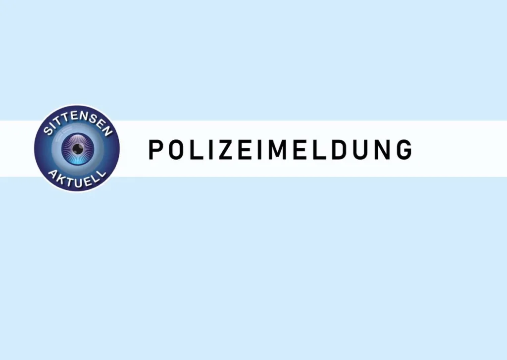 Blue banner featuring the word 'POLIZEIMELDUNG' across a white strip and a circular 'SITTENSEN AKTUELL' logo with an eye on the left, set against a light blue background.