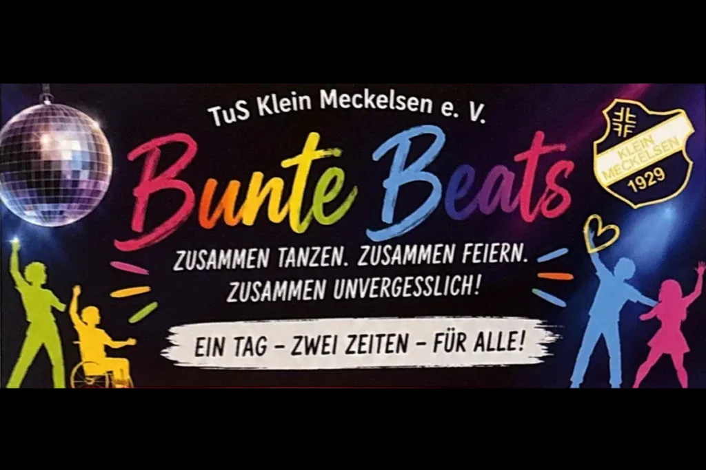 Promotional banner for 'Bunte Beats' dance event by TuS Klein Meckelsen, featuring a disco ball, colorful title, and dancing silhouettes.