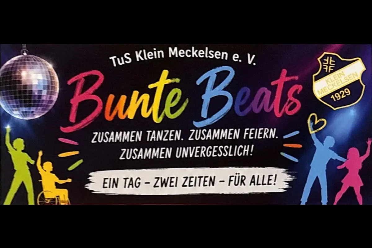 Promotional banner for 'Bunte Beats' dance event by TuS Klein Meckelsen, featuring a disco ball, colorful title, and dancing silhouettes.
